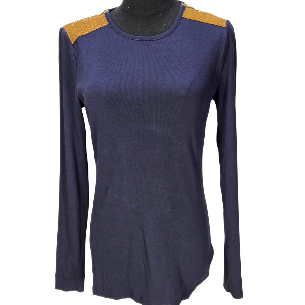 Women's Lauren Ralph Lauren Medium Navy Ribbed Top Quilted Shoulder Zip